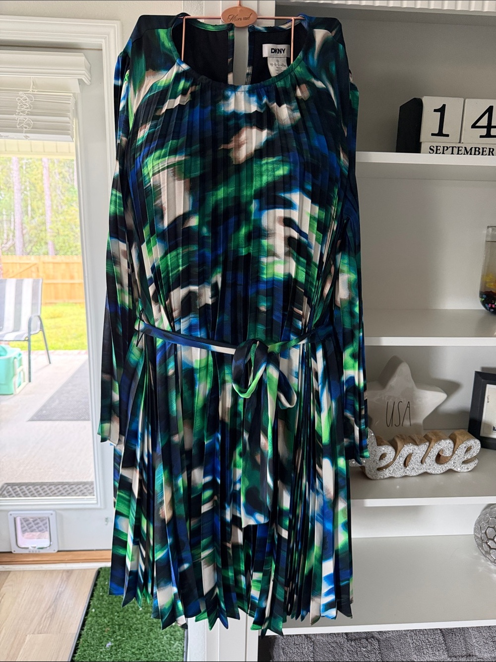 DKNY Green Blue Black Pleated Long-Sleeve Belted Midi Dress